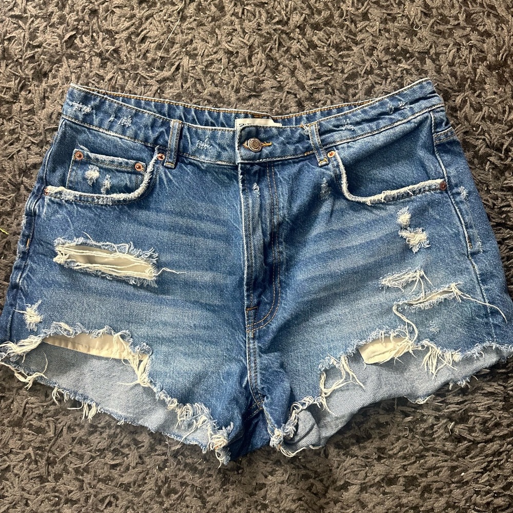Zara Blue Jean Shorts Distressed Raw Hem